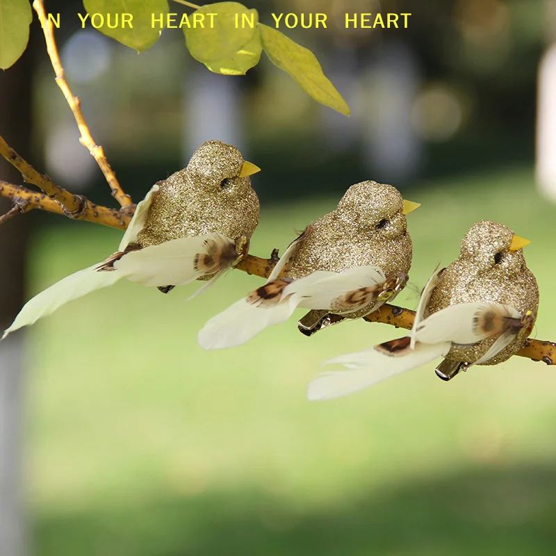 【X】Garden Greening Decoration, Artistic Bird 1pcs Simulated Small Bird With Gold Powder Feathers, Green Plants