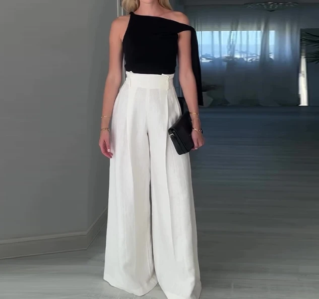 

Solid color slanted collar top high waist wide leg pants set for women's fashion and leisure, spring/summer 2025 new item