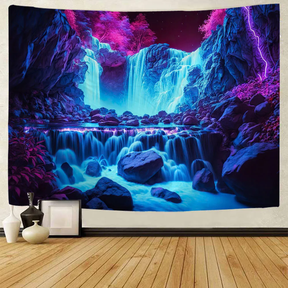 

Colorful waterfall tapestry psychedelic forest night natural landscape wall decoration home decoration wall hanging cloth