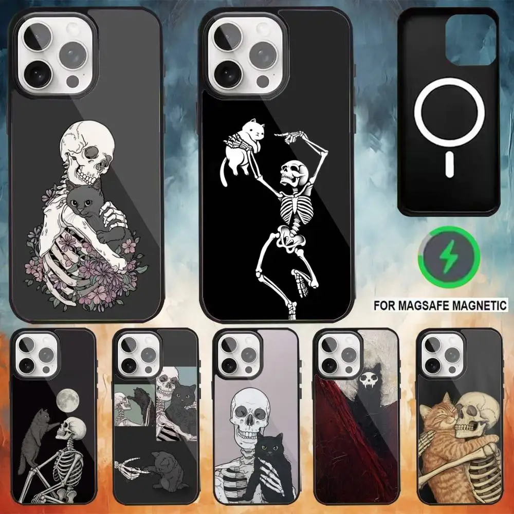 

S-Skeleton Cat P-Painted Phone Case For iPhone17,16,15,14,13,12,11 Plus,Pro Max Magnetic For Magsafe Wireless Charging