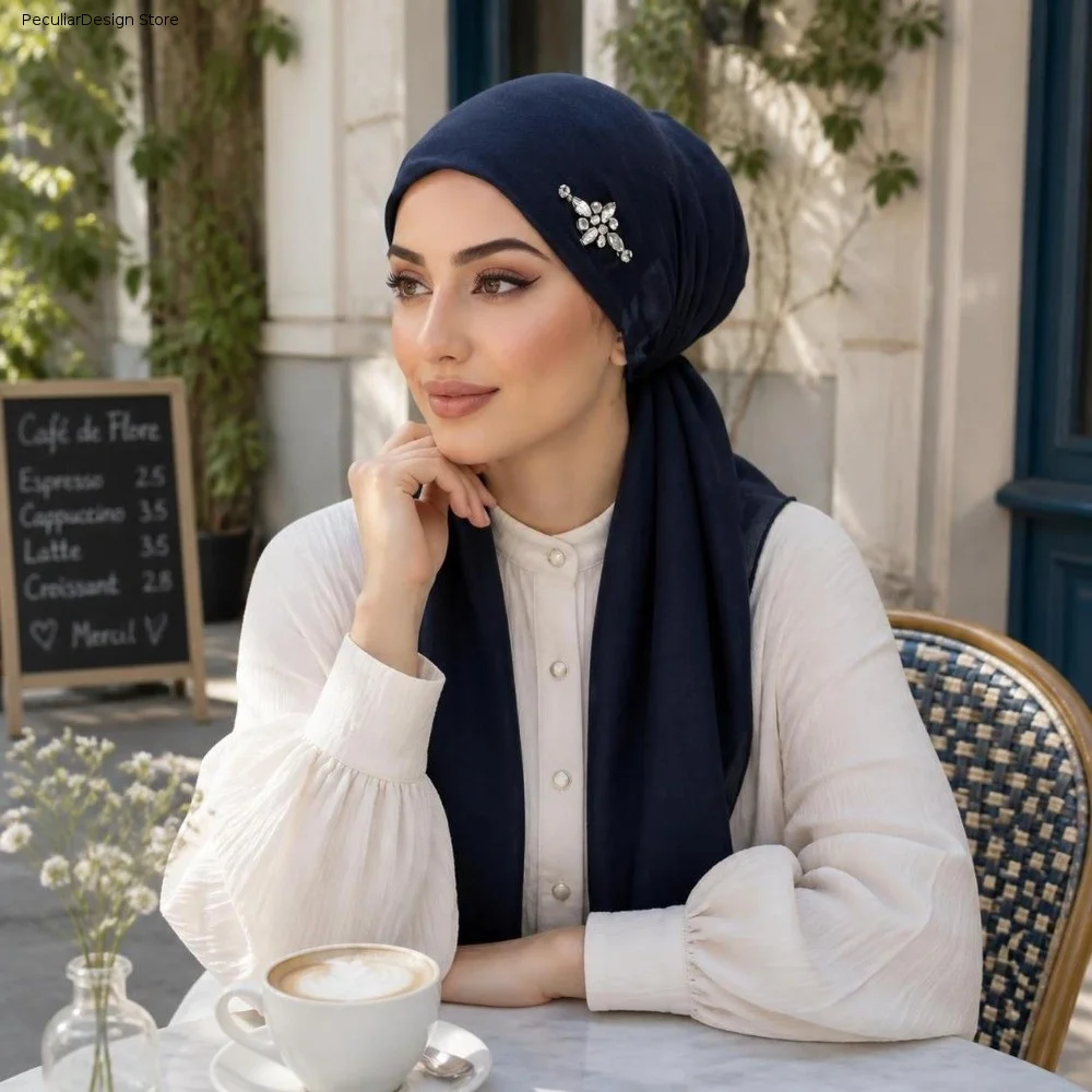Prayer Cotton Linen Rhinestone Hijab Hat Soft Elasticity Solid Color Headscarf Skin-friendly Breathable Head Wrap Cap Islamic