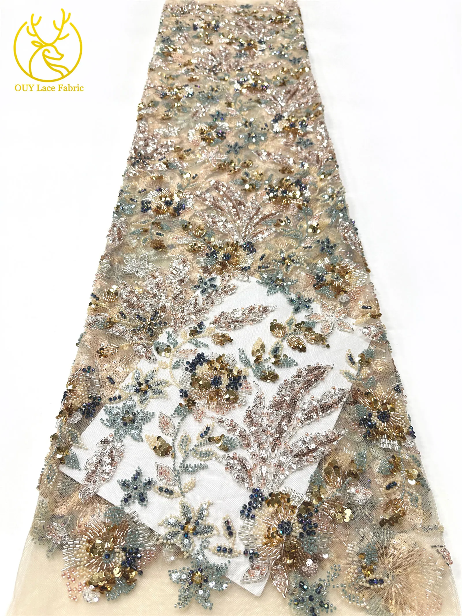 Modischer nigerianischer bestickter Perlen-Spitzenstoff, eleganter afrikanischer Pailletten-Netzstoff für Brautkleider und Partykleider zum Nähen – Detail 18