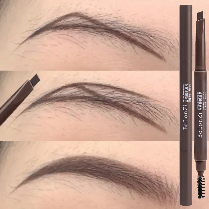 Waterproof Eyebrow Pencil with Brush Lasting Rotatable Triangle Non-Smudged Eye Brow Tattoo Double Ended Black Brown Brow Makeup