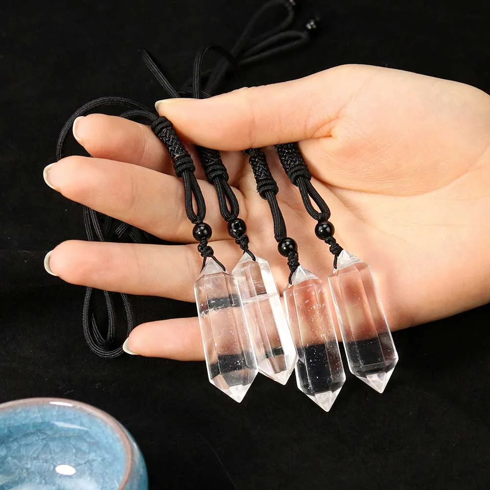 Transparent Quartz Double Point Necklace Crystal Hexagonal Prism Energy Pendant Yoga Meditation Healing Wand Woman Jewelry Gift