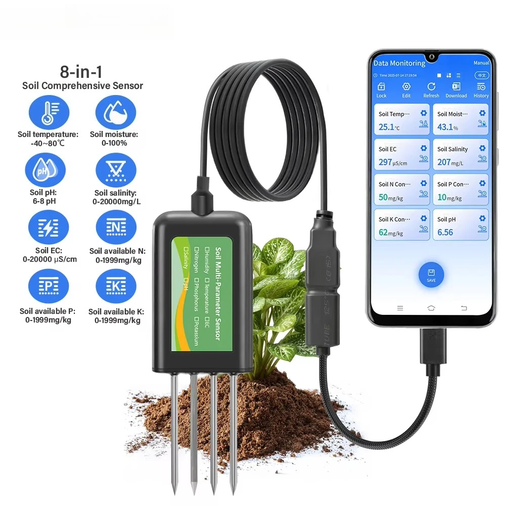 High-precision Soil Analyzer 8-in-1 Soil Sensor with USB for EC, PH, NPK, Moisture, Temperature, and Salinity