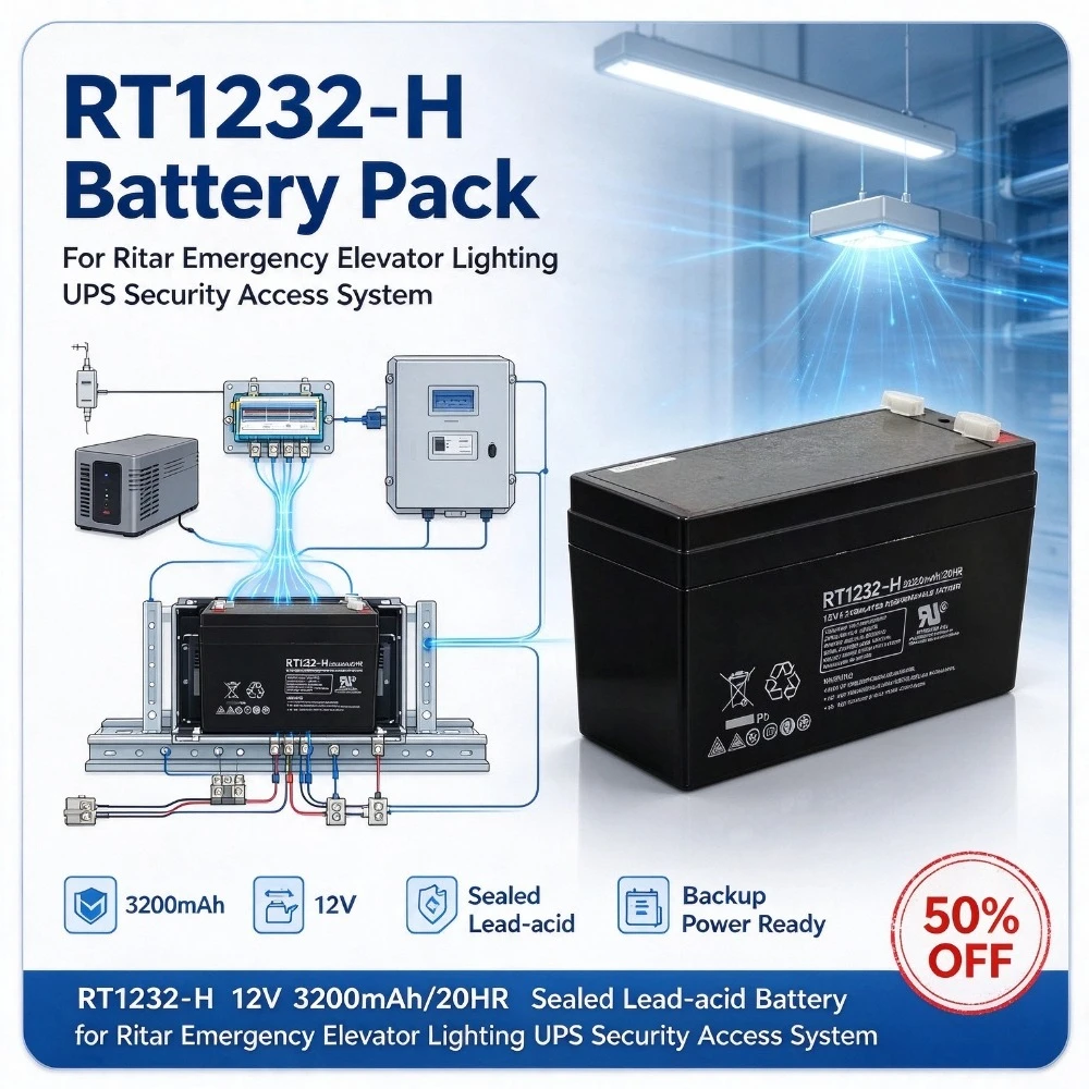 RT1232-H 12V 3200mAh/20HR Sealed Lead-acid Replacement Battery for Ritar Emergency Elevator Lighting UPS Security Access System