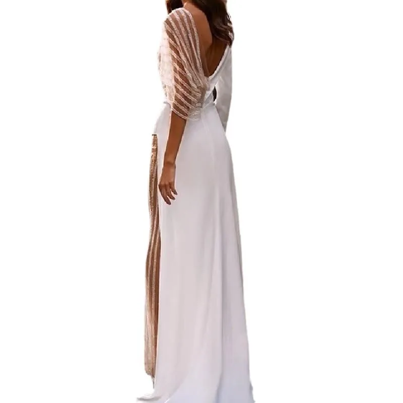2025 Inverno delle nuove donne Lace Splice V-ne Irregolare Dr Colore puro Pantaloni interi Cross-border Faionable Wedding Dr