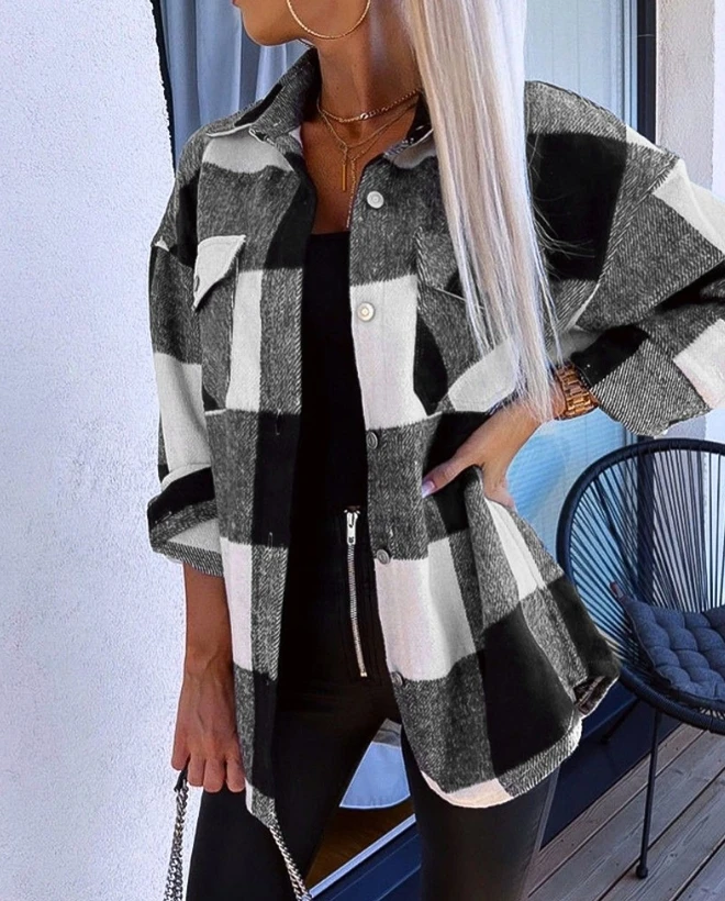 Women's Leader Shacket 2024 Summer Autumn Latest Plaid Print Pocket Buttoned Jacket Turn-Down Collar Cardigan Coat Open Front