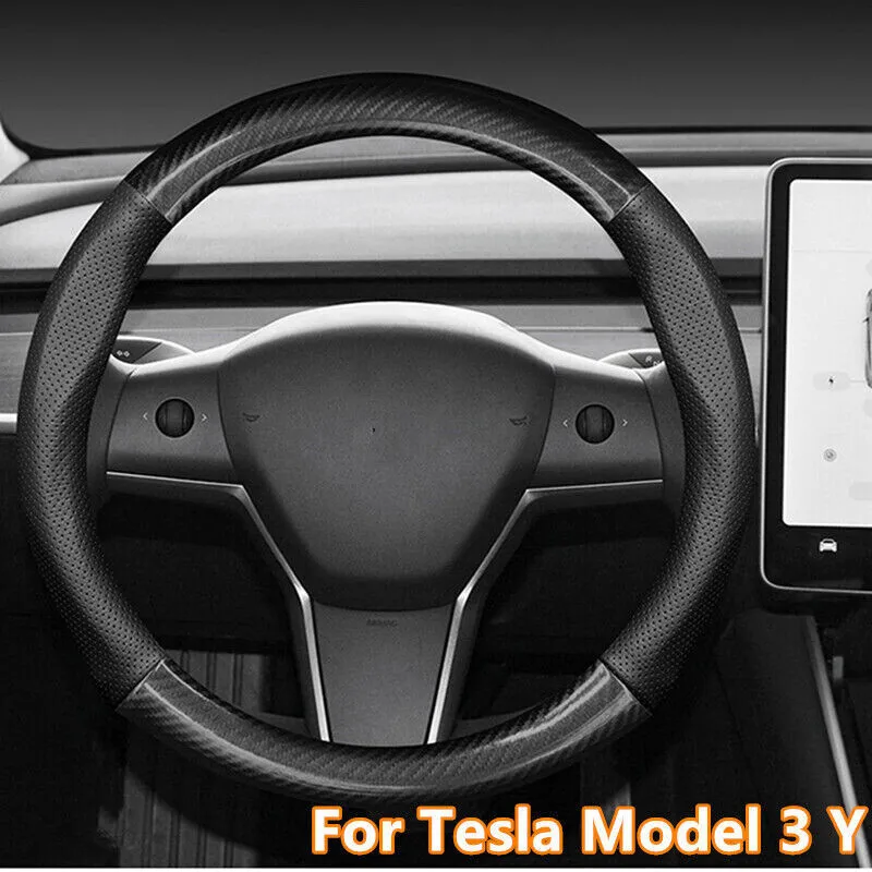 

Carbon Fiber PU Leather Steering Wheel Wrap Cover For Tesla Model 3 Y
