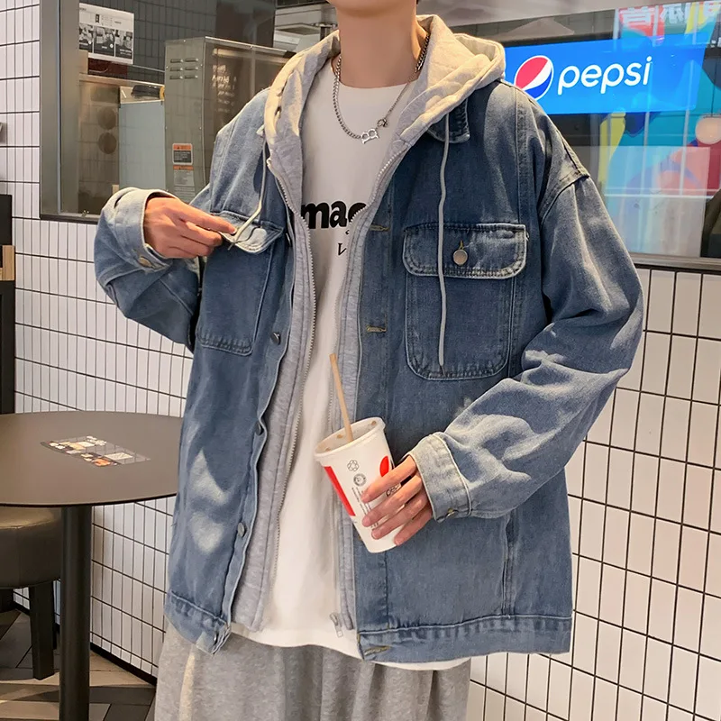 

Denim Coat Men Hooded Spliced Single Breasted Jackets Long Sleeve Patchwork Loose Fit Casual Autumn Outerwear Pockets 2025