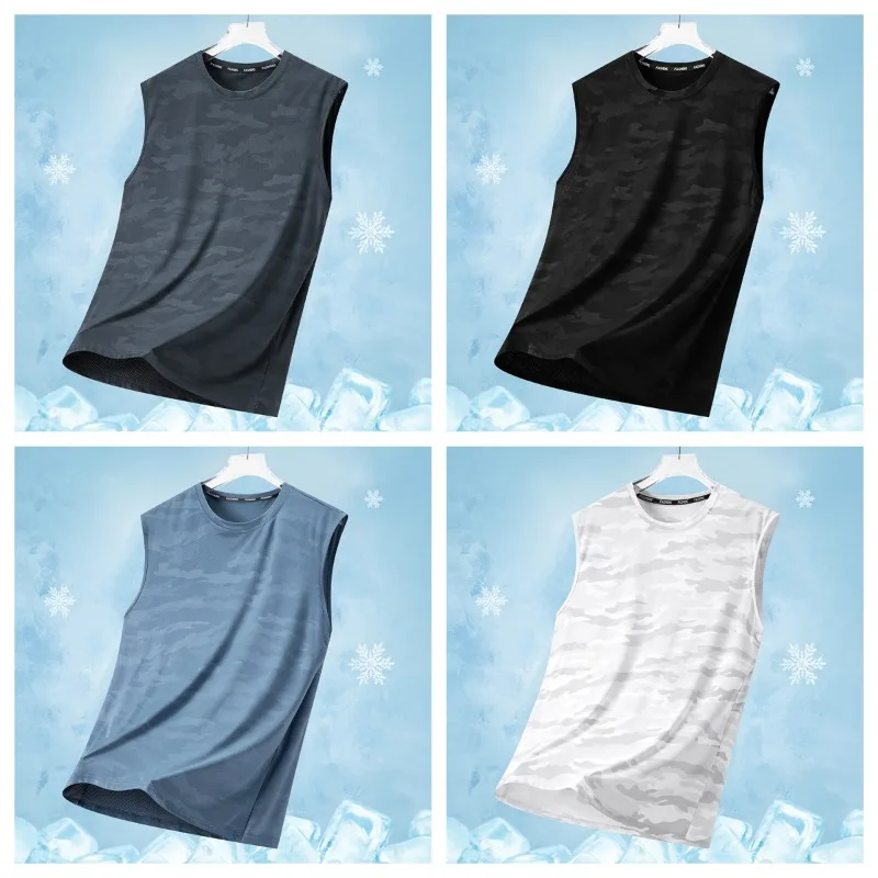 Summer Men's Fashion Trend Ice Silk Breathable Tank Top Outdoor Volleyball Sports Sweat Absorbing Quick Drying Sleeveless Tshirt