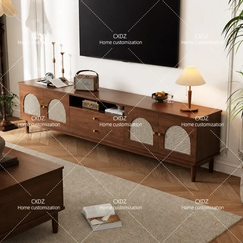 Retro Rattan TV Cabinet and Coffee Table 2026 New Medium Ancient Style Side Cabinet Small Apartment Household Floor Storage