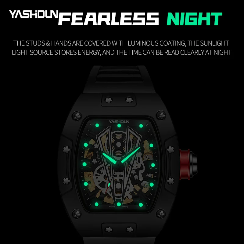 yashidun relógio mecânico masculino moda relógio de pulso à prova dwaterproof água luminosa barril vinho estilo mecânico design esporte relógio de pulso homem