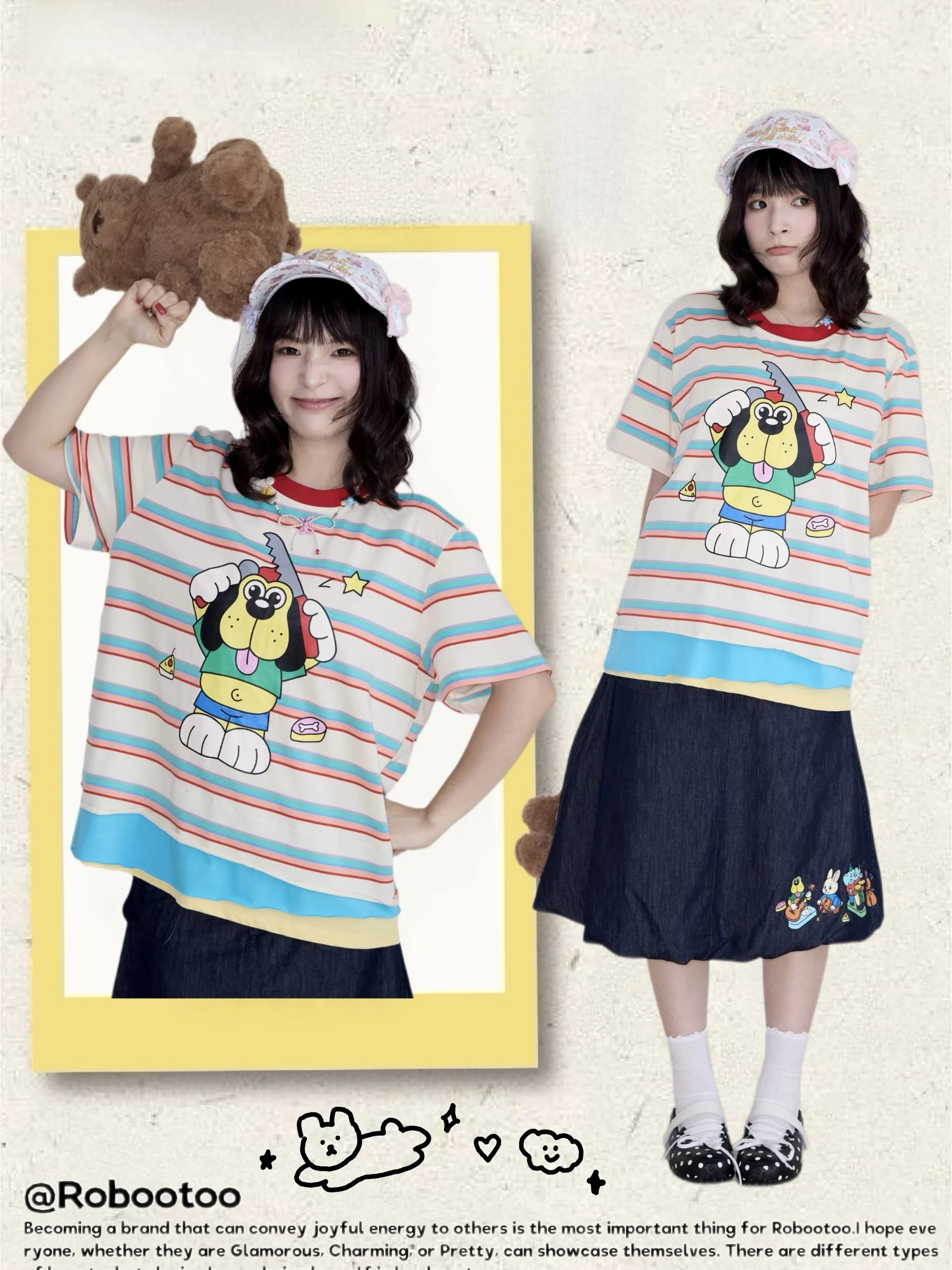 Robootoo Original Illustration Artist Cute Print Stripe Patchwork Loose Shoulder Drop Full Cotton Short Sleeve T Unisex Summe...