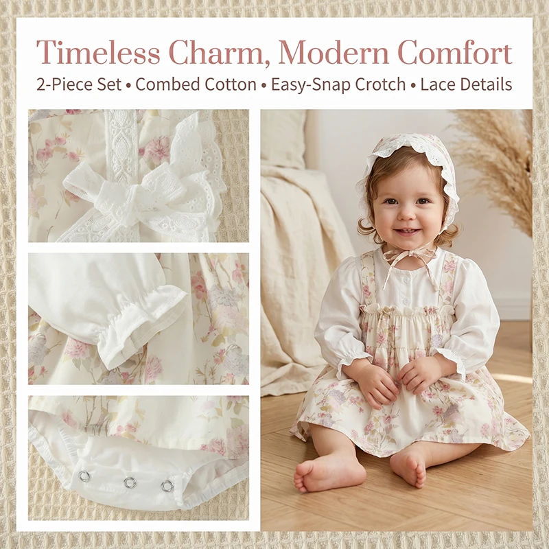 Infant Baby Girls Spring Bodysuit Dress Toddler Princess Floral Jumpsuit with Lace Bonnet Newborn Romper Photo Shoot Outfit