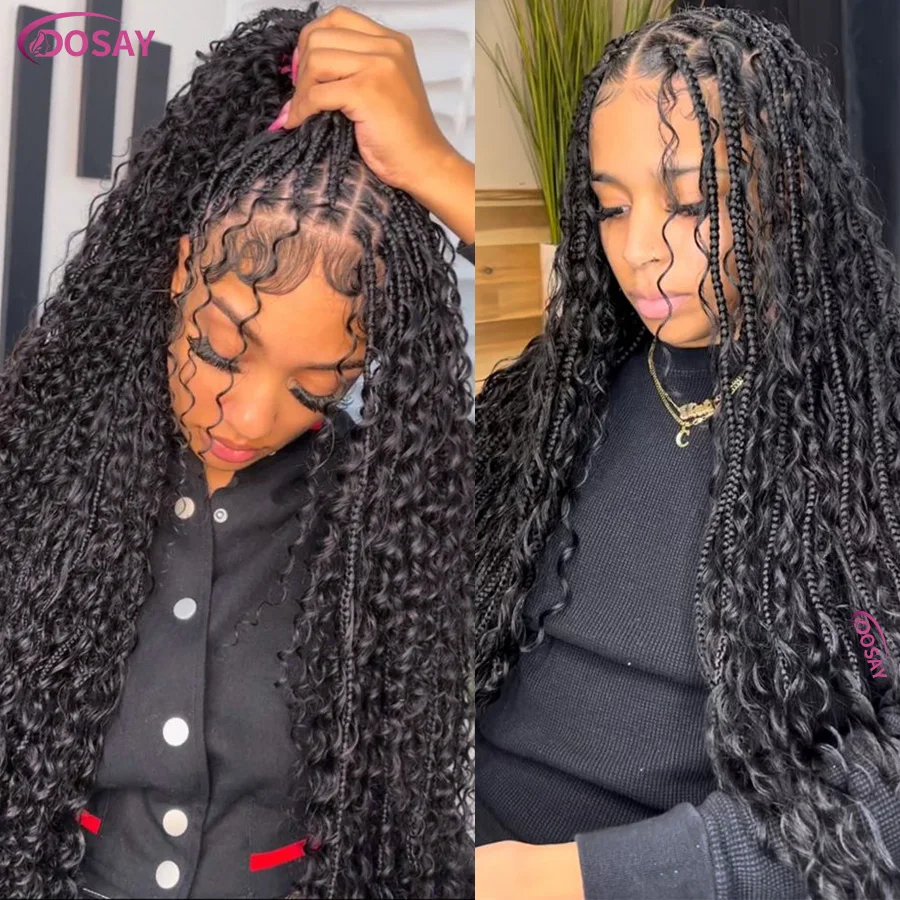 Peluca trenzada Boho de encaje completo sintético para mujeres negras, trenzas de diosa con rizos bohemios, sin nudos