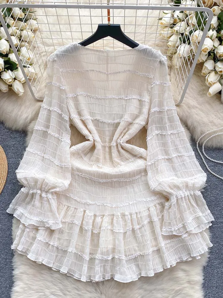 French style Rhinestone V-neck dress Women\'s 2024 Summer Party Long sleeve Patchwork Mini dresses Elegant Lady Beige INKEO 4D017