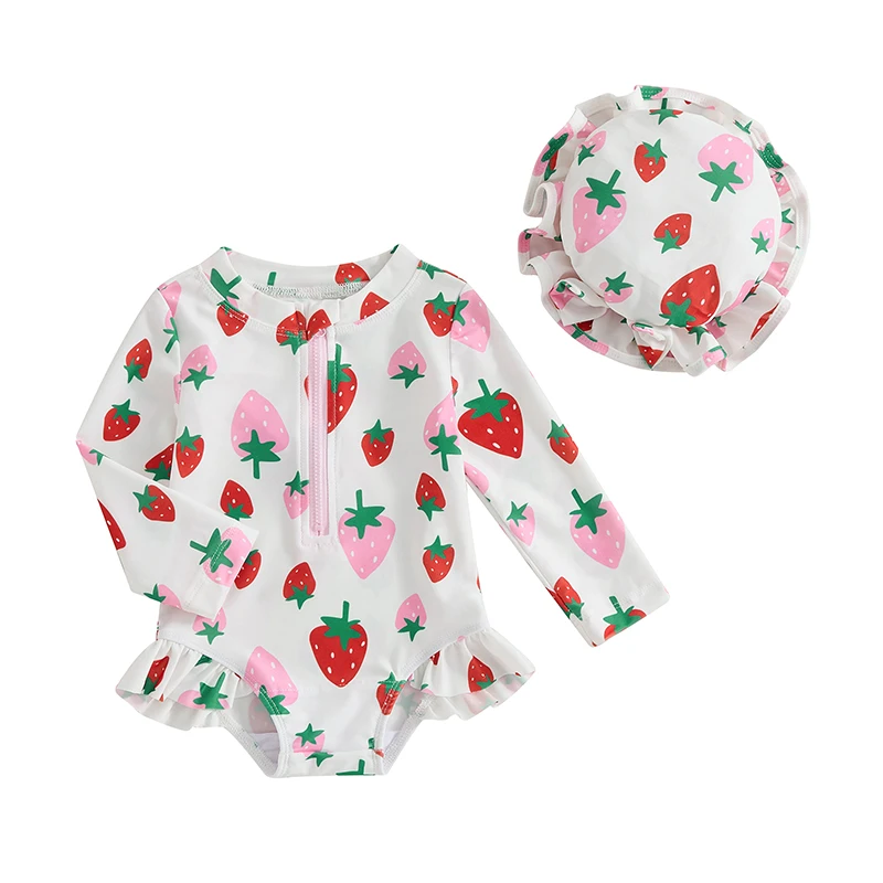 

Baby Girls Swimsuit Strawberry Print Long Sleeve Bikini with Hat Newborn Swimwear for Summer Bathing