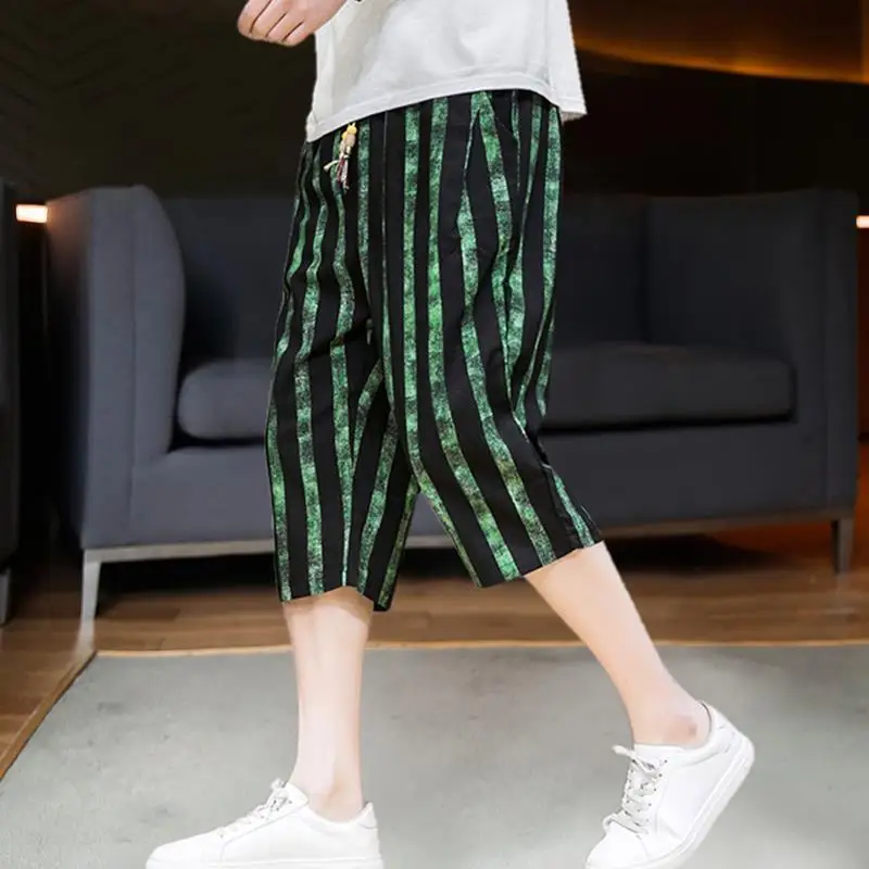 Summer Stripe Middle Pants Men Thin Style New High Street Loose Breathable Multiple Colour Casual Elastic Waist Plaid Shorts