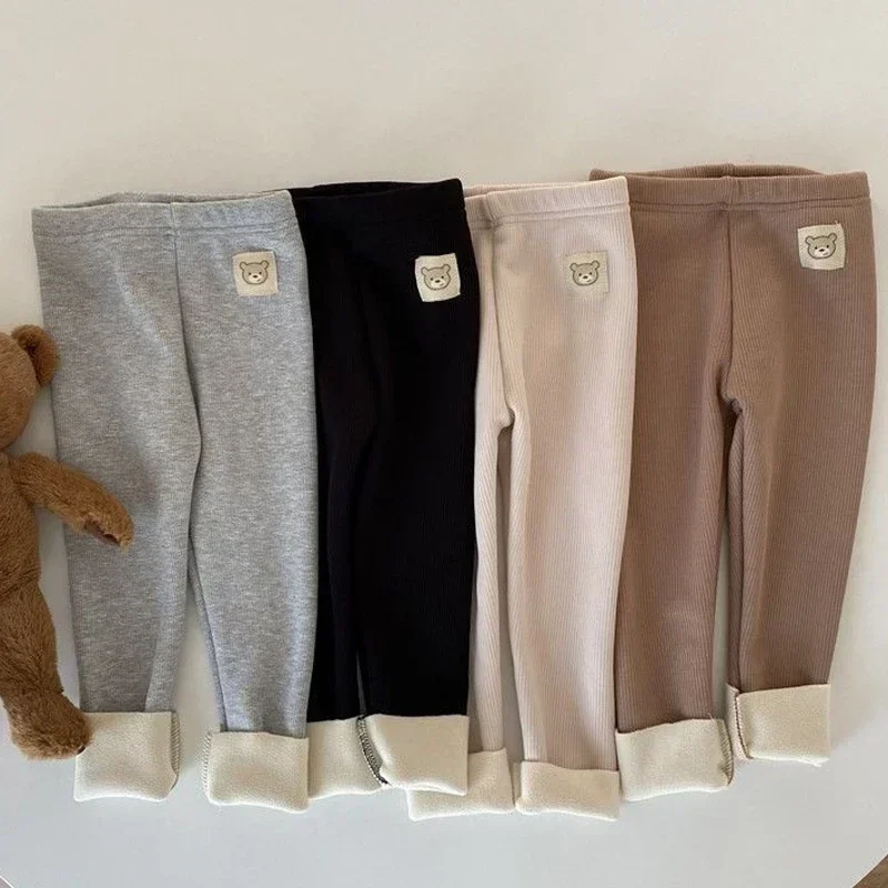 Pantalones coreanos de una pieza con forro polar para niños, pantalones cálidos hasta el tobillo con dibujos animados para niñas y niños, Otoño e Invierno