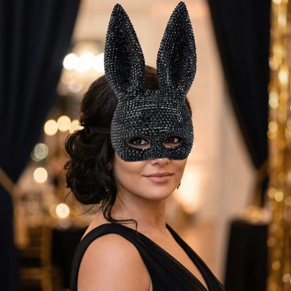 Crystal Studded Bunny Half Face Mask Full Acrylic Rhinestone Photo Shoots Rabbit Ear Mask Glitter Mask Party and Cosplay