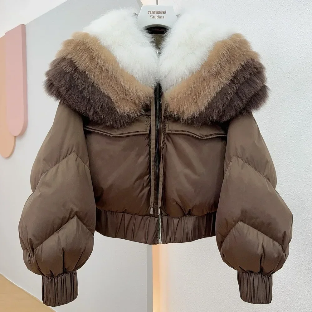 White Goose Down Coat Real Fox Fur Collar Coat Fur Jacket Fashion 2024 New Winter Women Thick Parka Loose Natural Luxury