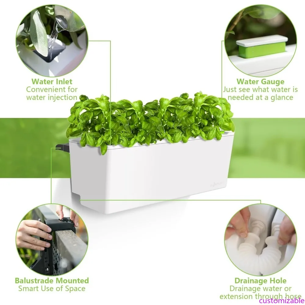 

Glowpear Self-Watering Railing Planter - 23.6 White, UV-Resistant, Scalable Pot with Water Level Indicator, Suitable for Indoor