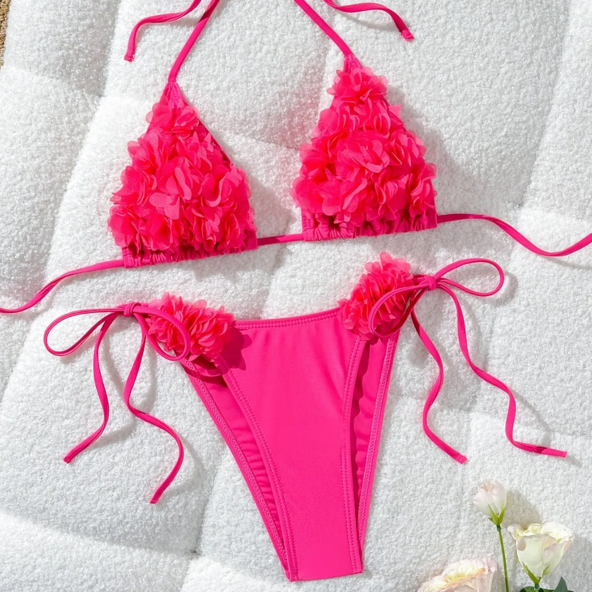 Three-dimensional Floral Swimsuit High-waisted Sexy Triangle Halter Bikini Set Biquini Tankini Swimsuits Women Bathing Suit