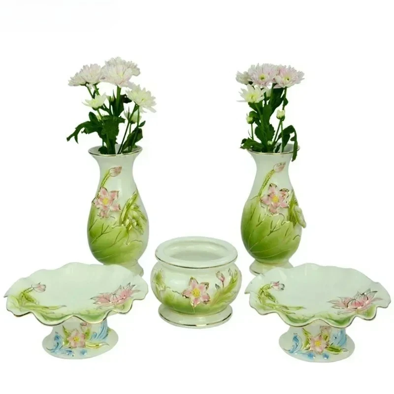 Creative ceramic relief with golden lotus flower incense burner for home use Buddha fruit tray water cup feng shui