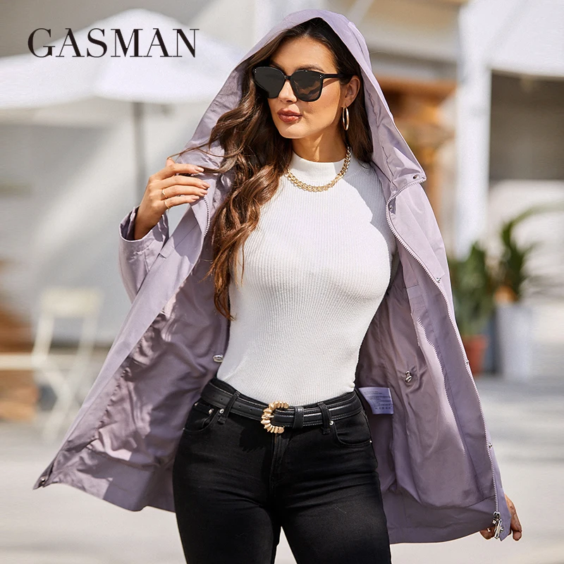 GASMAN 2022 New Women\'s trench coat printing short Fashion Casual Windproof jacket Hooded design Women windbreaker Outwear 8212