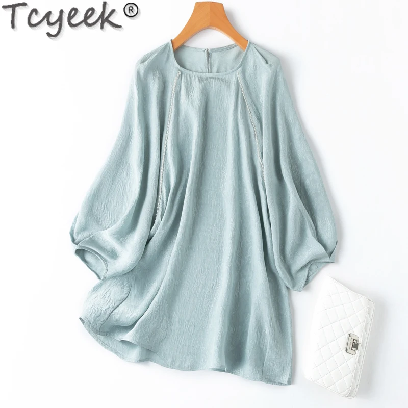 

Tcyeek 100% Real Mulberry Silk Shirt Womens Tops 2024 Elegant Shirts for Women Clothing Solid Color Spring Summer Top Female