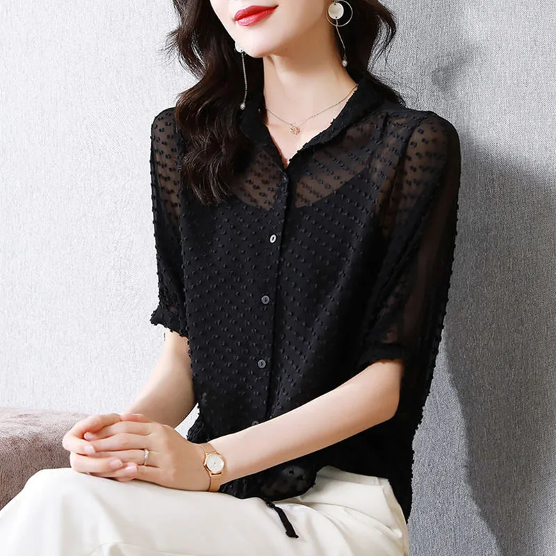 Fashion Loose Gauze Shirt Women Camisole Two Piece Set Spring Summer Half Sleeves Vintage Black Cardigan Women\'s Elegant Blouses