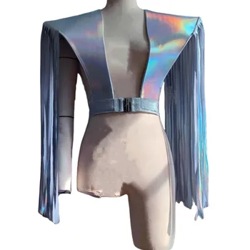 Male Women Fringe Armor Vest Black Silver Tassel Shoulder Pads DJ Gogo Stage Performance Show Accessories Singer Dance Costume