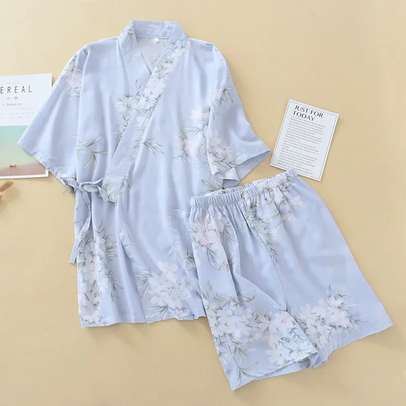 Japanese Kimono Short Sleeved Shorts Summer Women's Pajama Set Viscose Fiber Home Clothing Kimono Set Women's Pink Pajama Set