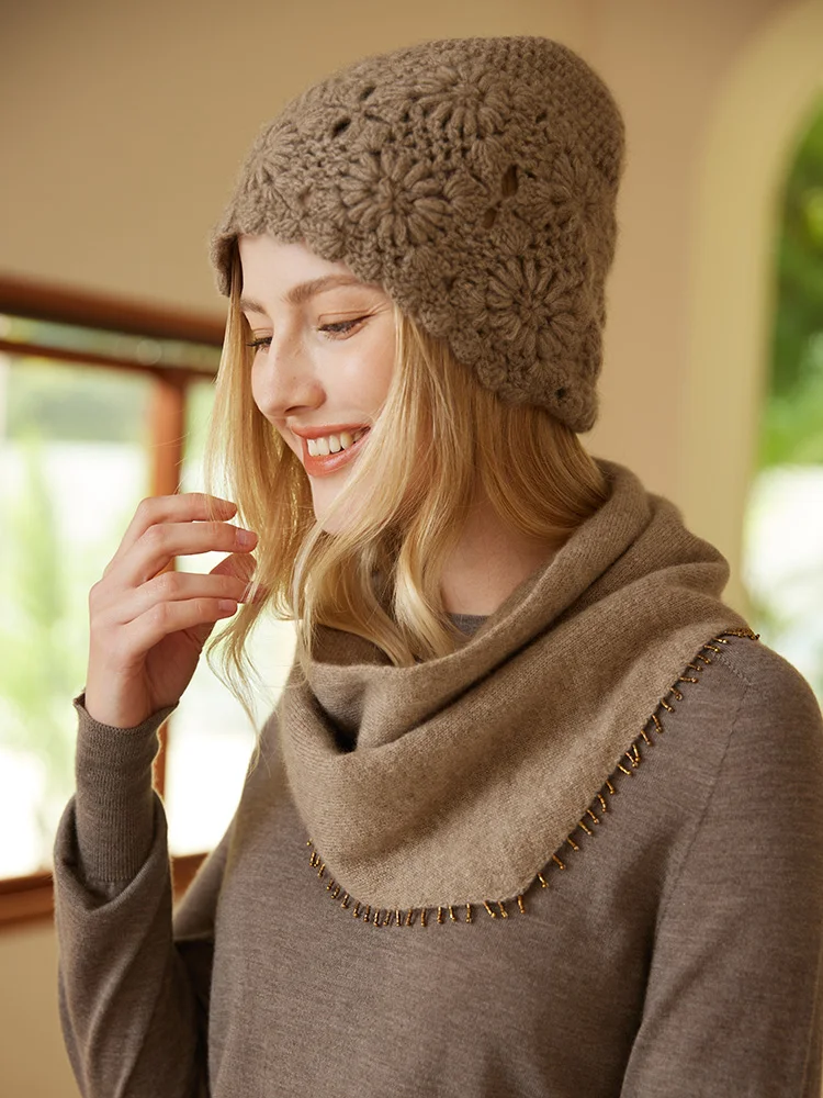 

CHICUU Women 100% Cashmere Handmade Flower Knit Hollow Beanies Caps Autumn Winter Jacquard Flower Cashmere Beanies Hats Fashion