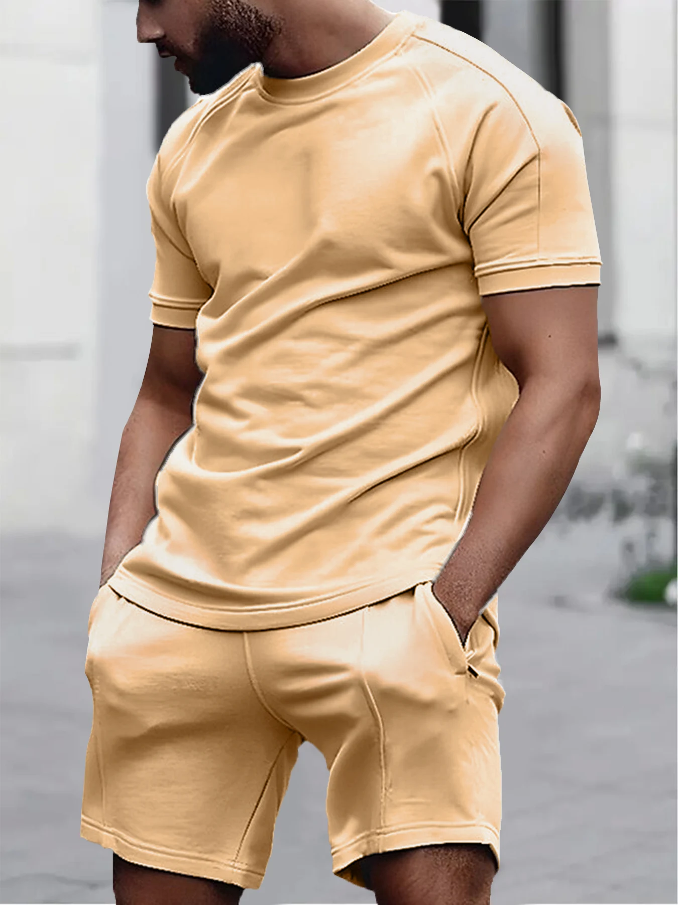 

Men's Breathable Comfort Loungewear Set Khaki Crew Neck Short Sleeve & Elastic Waist Shorts 2 Piece