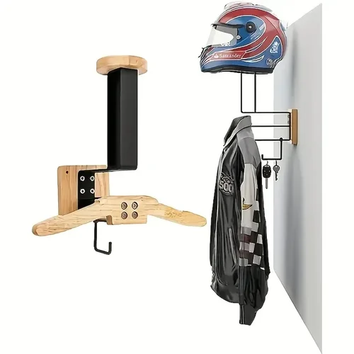 Imagen 2 del producto Soporte de pared de acero inoxidable con soporte de madera para casco de motocicleta para cascos tácticos, chalecos y almacenamiento de accesorios de motocicleta