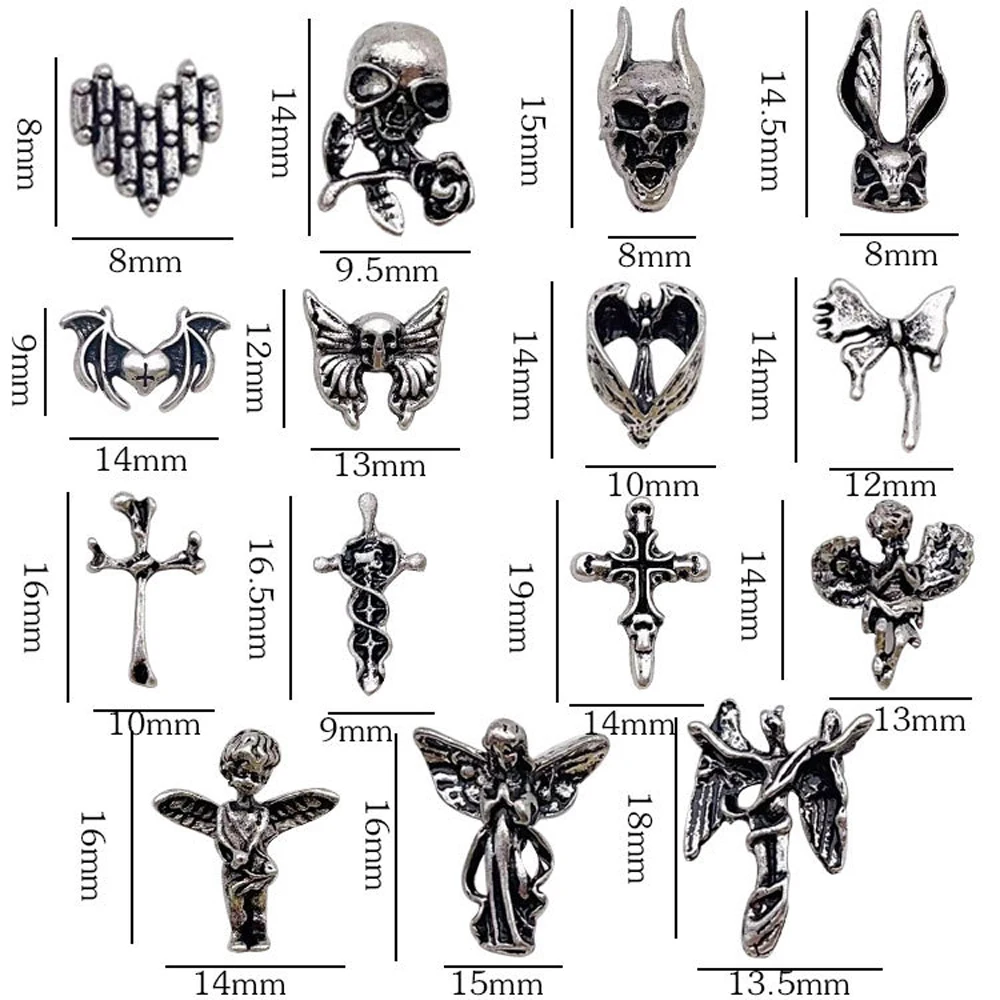 20Pcs Mixed Retro Silver Alloy Nail Art Baroque Evil Angel Heart Dragon Jesus Cross Butterfly Nail Ornament DIY Nail Accessories