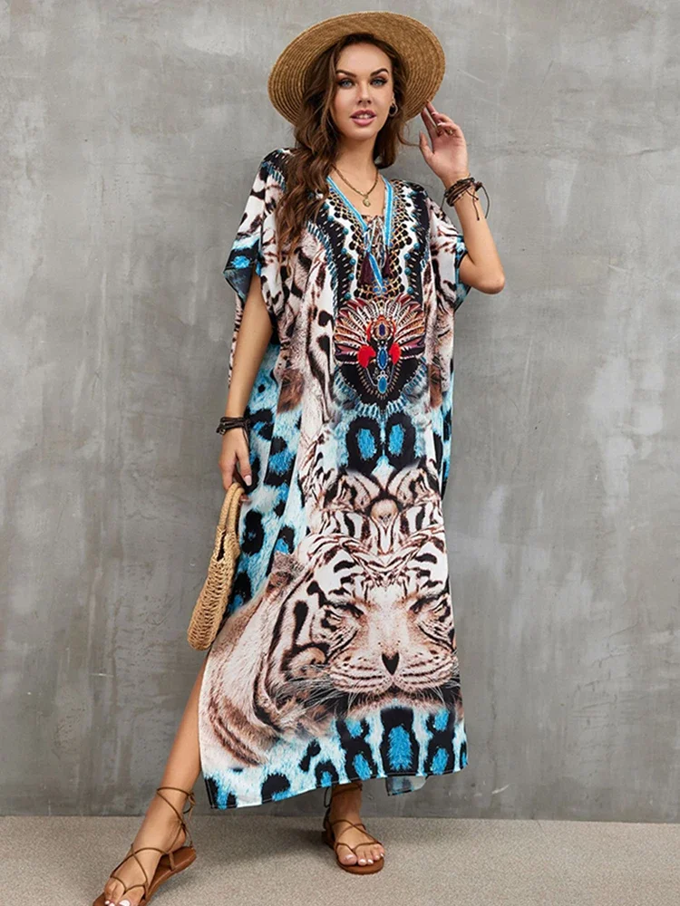 Cover-up Plus Size Tiger Print Maxi Beach Dress 2024 Tunic For Beach Robe De Plage Swimsuit Cover Up V Neck Tassel Kaftan Pareos