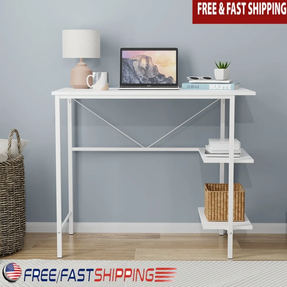 

30 inch Storage Desk Compact Computer Desk with Side Shelves Multi-Level Wood Top Metal Base Suitable Home Office Study