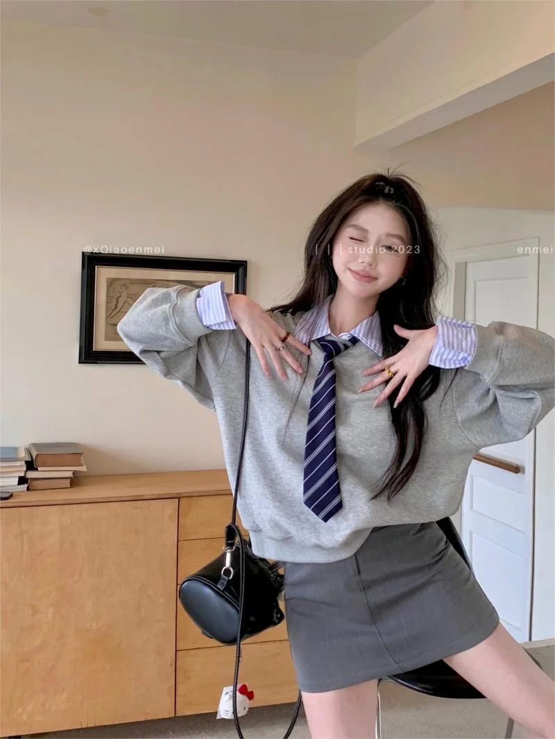 Casual Loose JK Uniform Suit Girls Round Neck Pullover Gray Wrap Hip Skirt Set Women's Korean Academy Style Removable Neckline