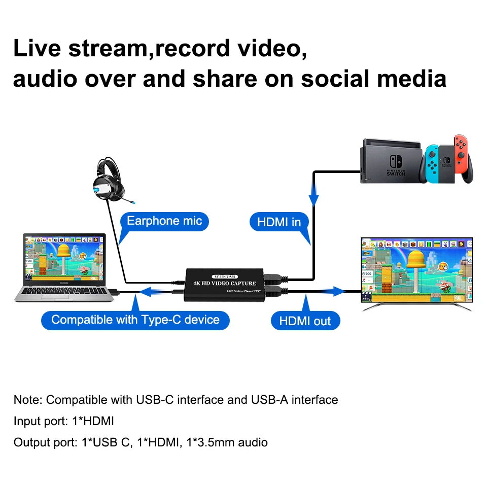 Tarjeta de captura, interruptor de tarjeta de captura de juegos HDMI entrada 4K, tarjeta de captura de vídeo para transmisión de grabación de vídeo salida 1080P 60FPS