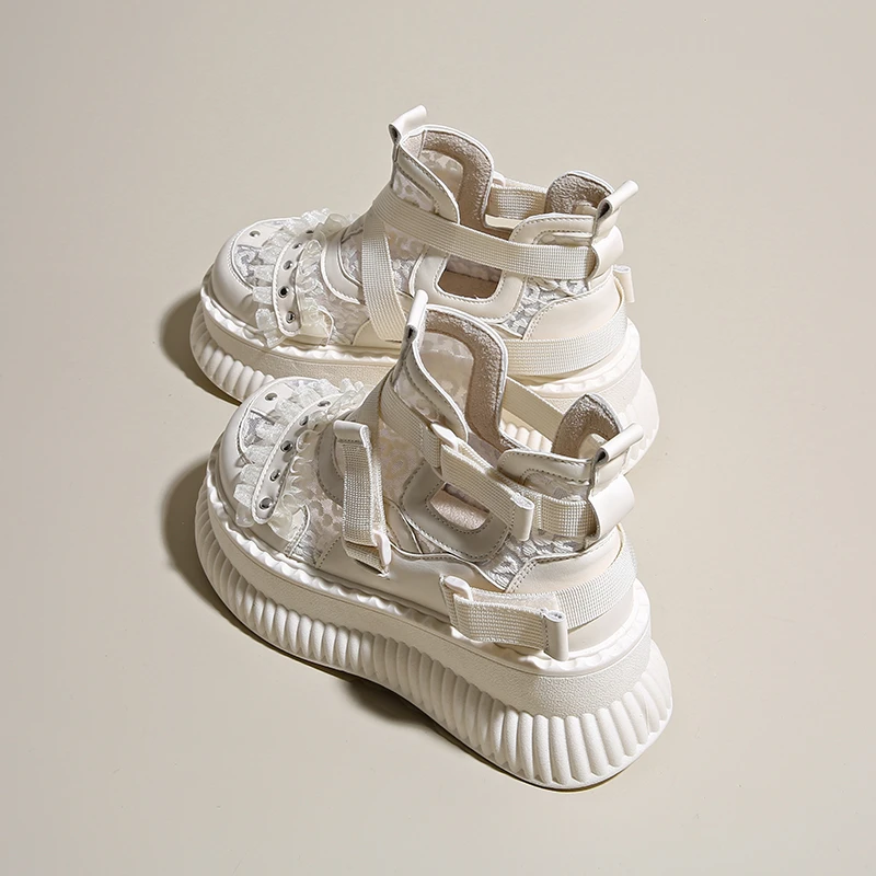 الصنادل النسائية الصيف الرجعية مائة الدانتيل شبكة تنفس سميكة وحيد لباس غير رسمي عالية أعلى أحذية باردة Zapatos De Mujer 2026