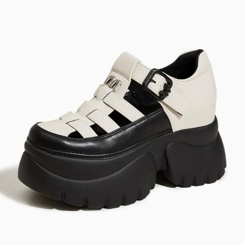 

9CM Weave Synthetic Microfiber Leather Pumps Platform Wedge Hook Summer Women Hollow Sandals Flats Women Slippers Fashion Shoes