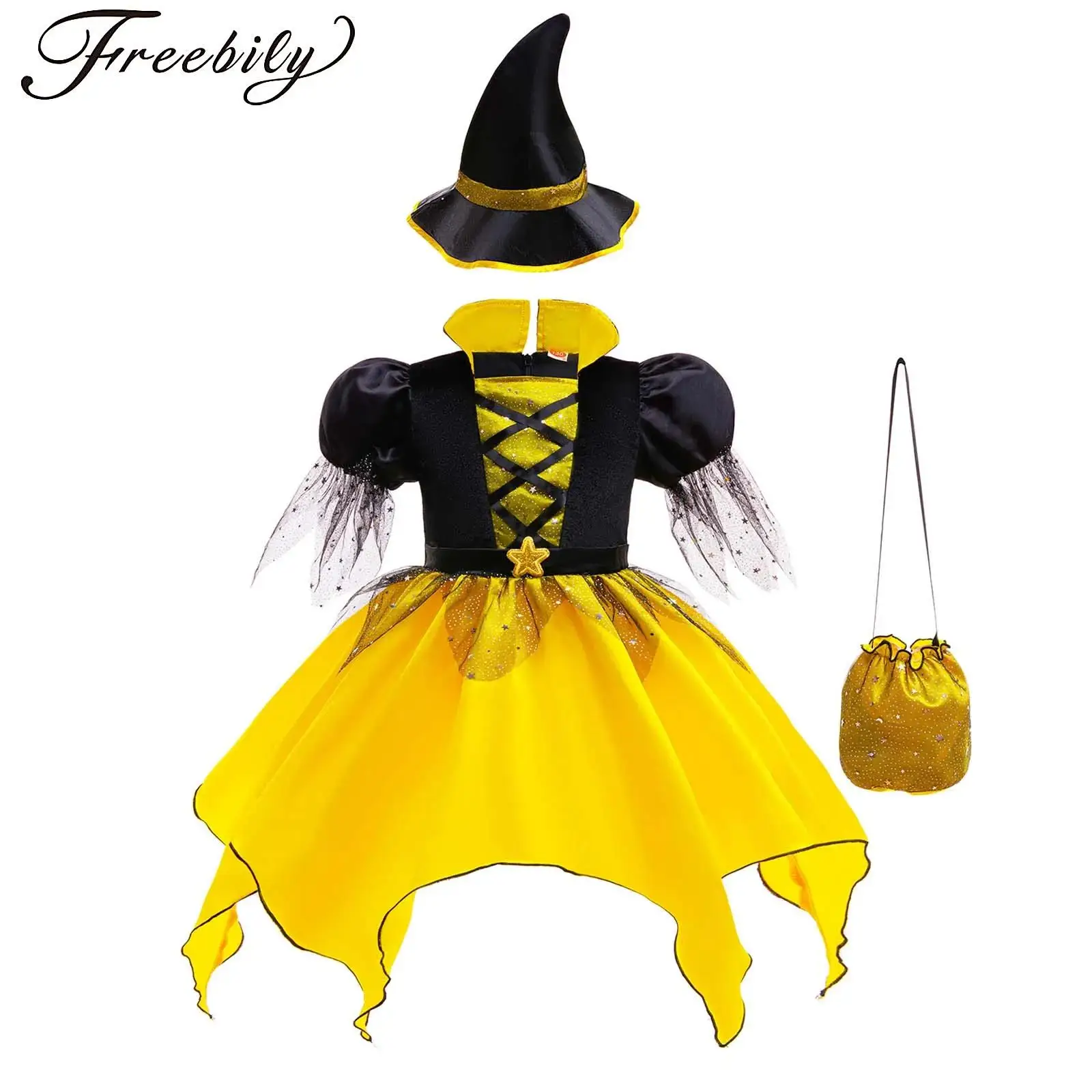 

Girls Witch Dress Halloween Wizard Costume Jagged Hem Ruffle Dress with Witch Hat +Bag Pumpkin Clothes Outfit Fairytale Dress Up