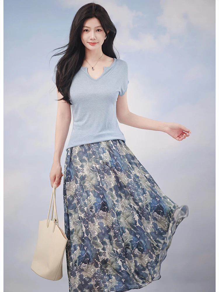 Losse A-lijn rok met print Hoge taille Linnenmix Casual Commute Sle Damesmode Zomer 2025 OAL Blue Series