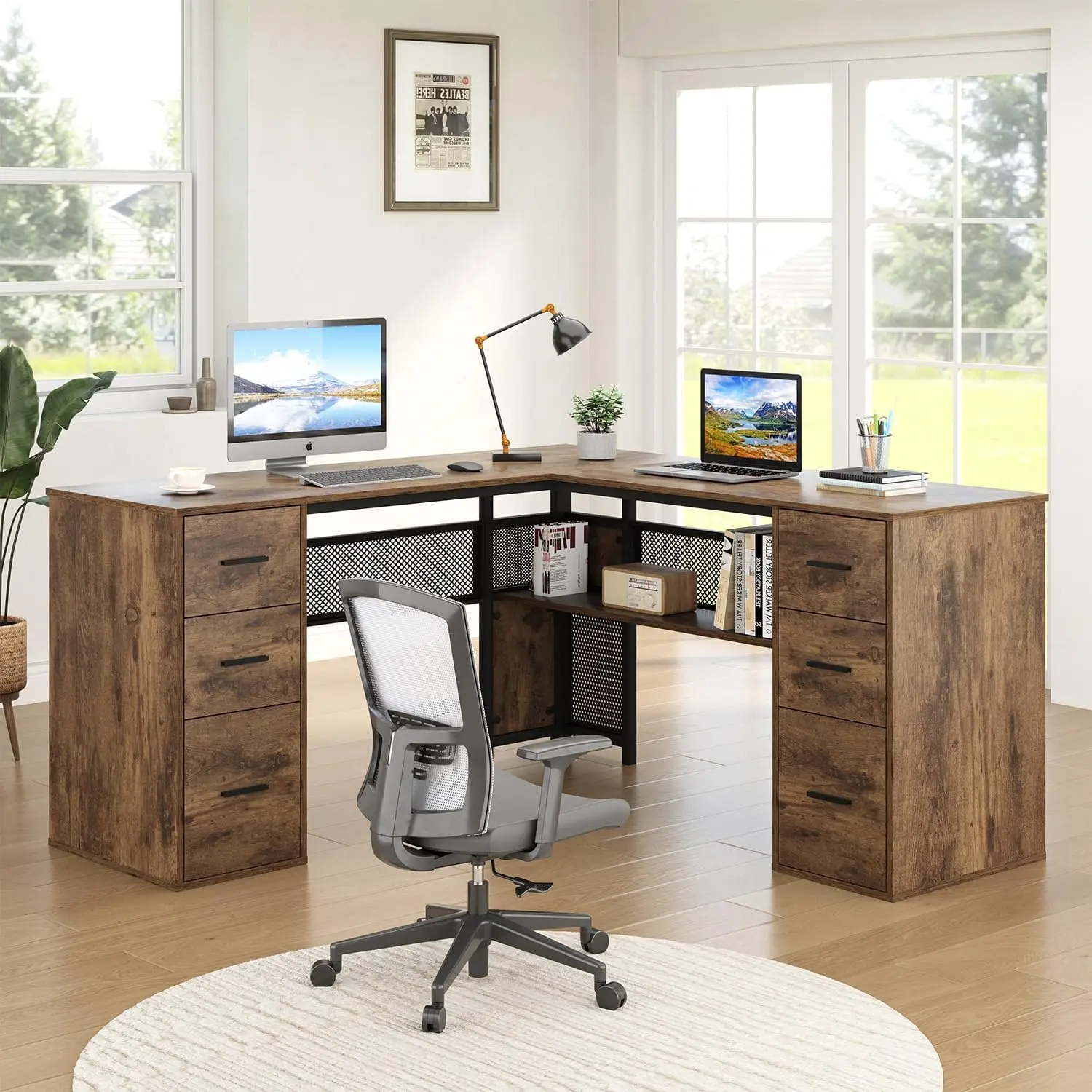 

59" L-Shaped Computer Desk w/File Drawers,Metal Wood Storage Cabinet Shelves,Reversible Corner Home Office Workstation