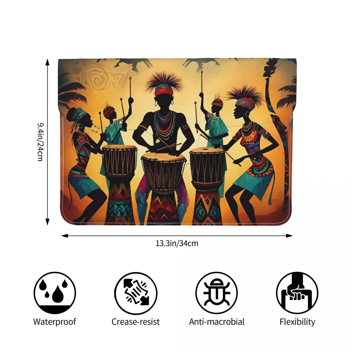 African Drum Performance Tribal PU Leather Horizontal Laptop Sleeve Shockproof Soft Lining Notebook Case 13 Inch