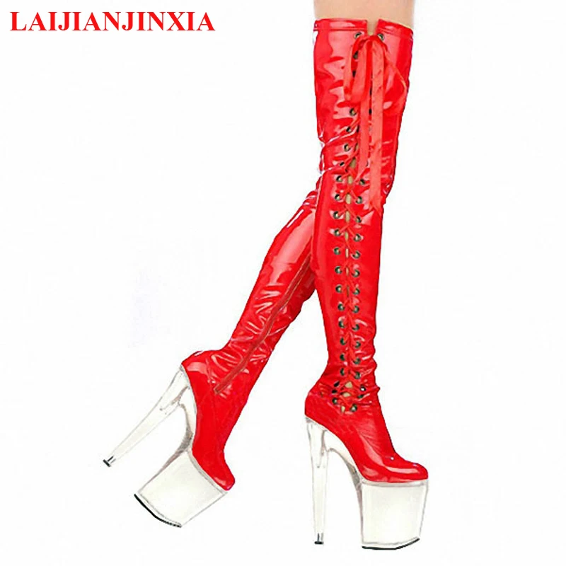 

20cm Stripper High Heel Platform Sexy Shoes Over The Knee Boots Black Hollow Lace Up 8 Inch Long Pole Dance Strappy Combat Queen