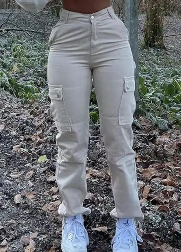 Women New Fashion Pocket Design High Waist Cargo Pants 2023 Cotton & Elastane Summer Women's Plain Daily Casual Trousers